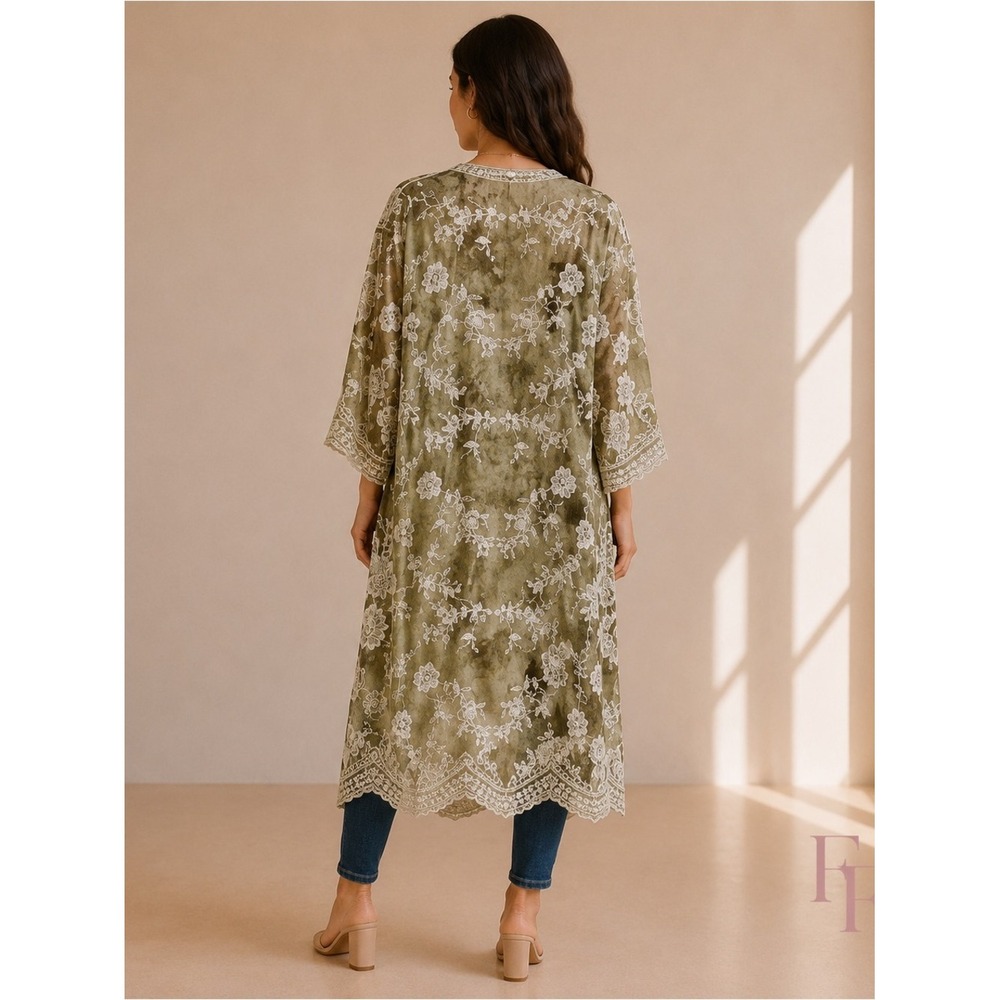 Raj Emery Embroidered Duster Kimono Olive Green White Floral Lace One Size - Picture 2 of 10